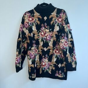 Vintage Black Floral Oversized Knit Cotton Blend Sweater Size Small